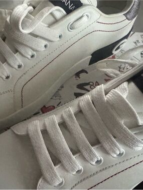 Dolce & Gabbana White Sneakers with Red Stitching and Graphic Insole